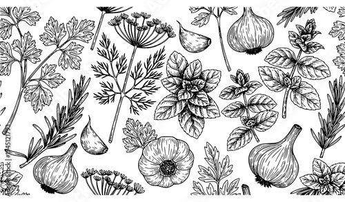 Hand Drawn Culinary Herbs Seamless Pattern Vintage Botanical Food Vector