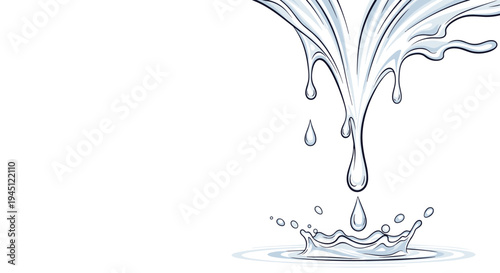 Dynamic water splash with droplets falling into a clear pool showing the movement and transparency of liquid on a white background.