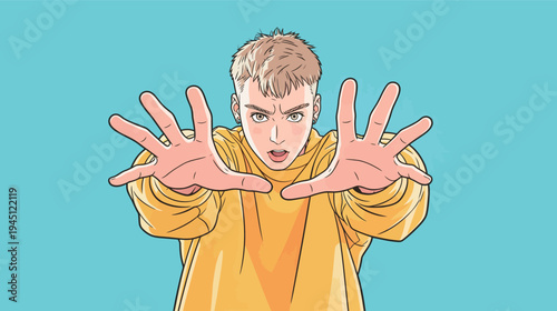 A young man stretches his arms forward against a blue background. He shows focus and energy in his movement.