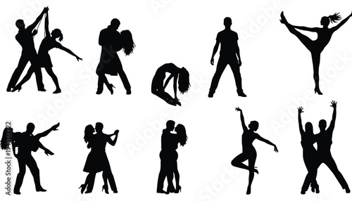 A collection of black silhouette dance icons on a white background
