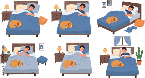 Man Sleeping in Bed with Dog Cozy Bedroom Night Routine Collection with Relaxing Home Interior Bedtime Lifestyle Vector Illustration Set