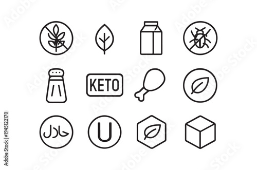 Collection of black and white dietary restriction and certification icons