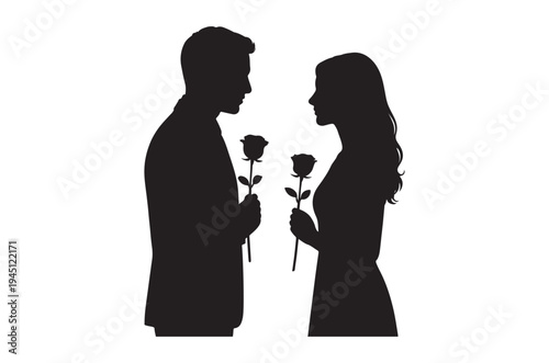 Silhouette of a couple exchanging roses in a romantic gesture