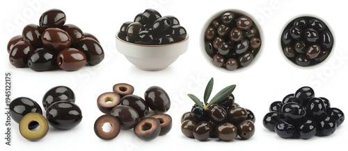 Collection of black olives on white background bowl