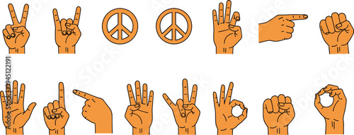 Hand gesture signs collection counting fingers peace sign pointing and OK symbol vector illustration set
