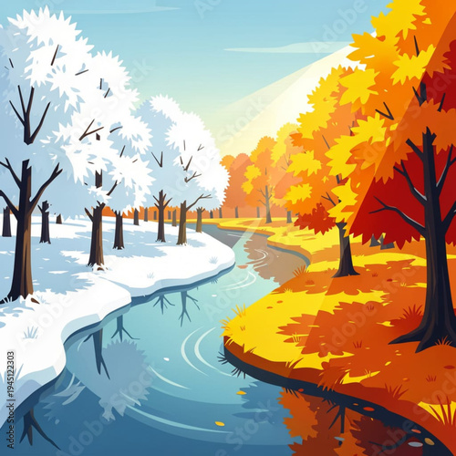 Contrast of seasons winter and autumn in a tranquil landscape