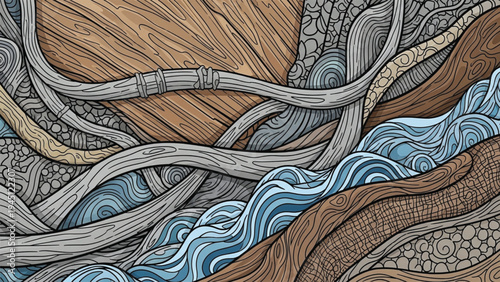 Intricate illustration of tree roots and waves in earthy tones with detailed textures and patterns.