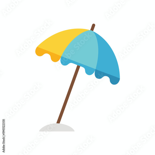 Two-tone yellow and blue beach umbrella stuck in a sandy base