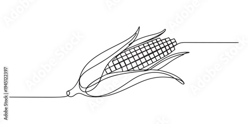 Continuous one line drawing of corn, One line drawing illustration of vegetarian food, sketch isolated on white background. Vector illustration. 