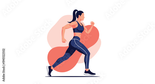 Athletic woman in sports gear running energetically against a soft abstract background of warm orange and pink shapes for fitness.