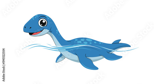 Cute blue plesiosaur dinosaur or loch ness monster swimming happily in the water with a friendly expression and spots on its back.