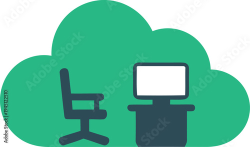 Cloud Computing Remote Work Icon Featuring a Modern Workspace with Desk Chair and Monitor Inside a Green Cloud Shape for Virtual Office and SaaS Concepts