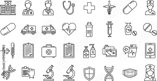 Medical and Healthcare Outline Icon Collection with Doctor Nurse Ambulance Hospital DNA Microscope Medicine and Health Service Line Vector Set