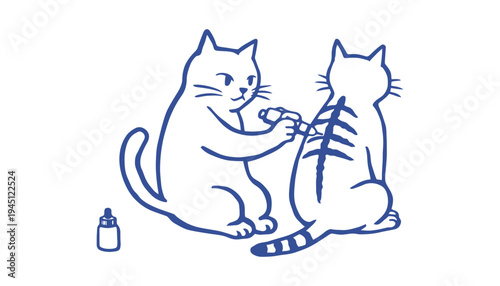 Cat grooming another cat with a brush and bottle nearby