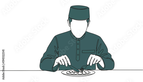 A man in traditional attire eating a meal with a fork and knife