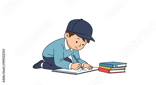 Young boy wearing a blue cap kneeling on the floor and carefully drawing or writing in a sketchbook with pencils and books nearby.