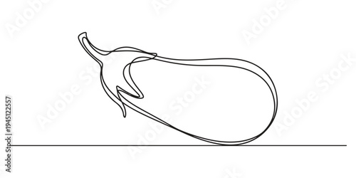 Continuous one line drawing eggplant. Vector illustration. Black line art on white background. Cartoon eggplant isolated on white background. Vegan concept