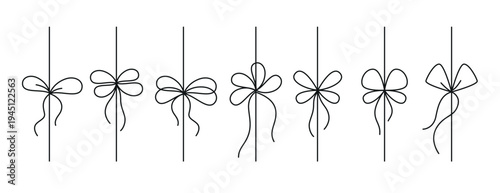 Minimal black line bows tied on vertical ribbons. Doodle gift bow set with knot isolated on white background, elegant hand drawn style for packaging, greeting cards, marine cord, wedding, Christmas
