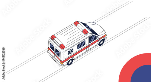 Isometric view of a white ambulance with red stripes and lights driving on a road as if responding to an emergency medical call.