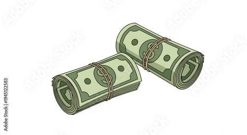 Two rolls of green hundred dollar bills secured with rubber bands representing cash, wealth, savings, and financial prosperity.