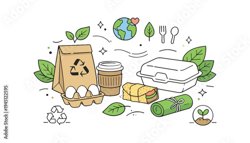 Eco friendly food packaging illustration with recyclable materials and earth