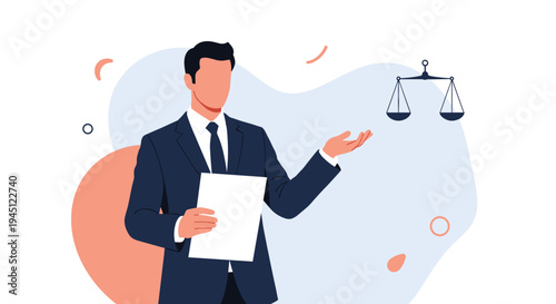 Confident lawyer or professional man in a dark suit holding a document with a scales of justice symbol in the background.