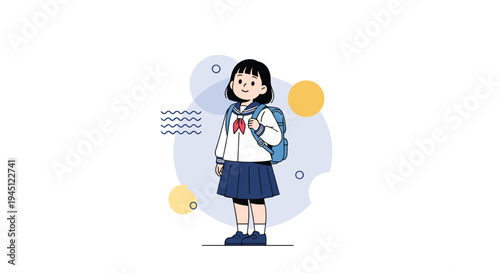 Young Japanese schoolgirl with a backpack and uniform standing against an abstract background of shapes and dots in soft colors.