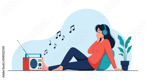 Young woman relaxing at home listening to the radio with headphones while sitting on a comfortable floor cushion with plants.