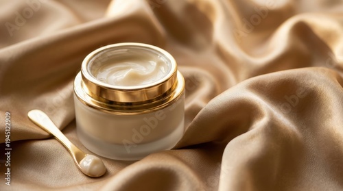 Luxurious cream in a gold-rimmed jar with a spoon on beige silk fabric