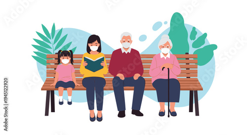 Multi-generational family with grandparents, mother, and child sitting together on a park bench wearing protective face masks.