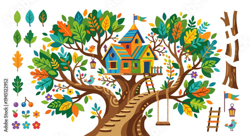 A colorful treehouse nestled within a vibrant leafy tree illustration