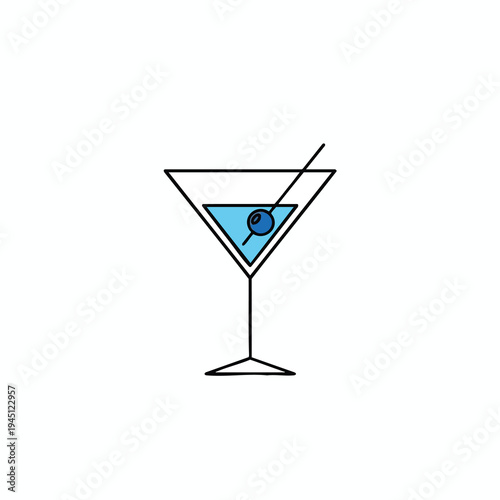 A minimalist illustration of a martini glass with blue liquid and one olive on a toothpick