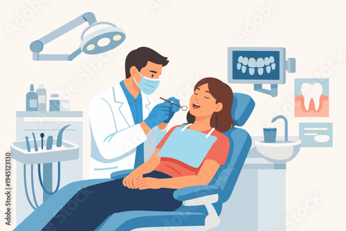 Professional male dentist in white coat and face mask examining female patient's teeth in a modern dental clinic with medical equipment, dental chair, X-ray monitor, flat vector illustration.