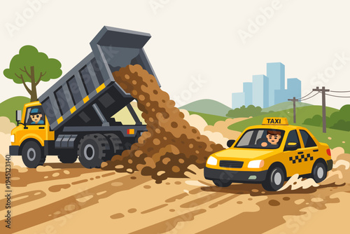 Vector illustration of a heavy dump truck dumping soil on a dirt road, creating a mess and blocking a yellow taxi car driving through mud and puddles in a countryside area with city background.