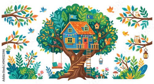 Charming treehouse nestled within lush greenery and colorful autumn foliage