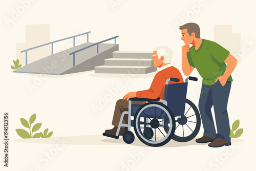 Vector illustration of an elderly man in a wheelchair and his caregiver contemplating the choice between stairs and a ramp, highlighting accessibility issues and inclusive urban infrastructure.