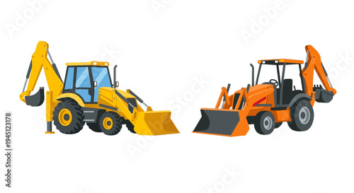 Two colorful backhoe loaders are illustrated against a white background