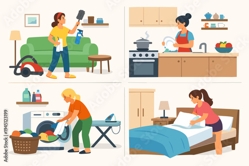 Set of flat vector illustrations showing women performing household chores: cleaning the living room, washing dishes in the kitchen, doing laundry, and making the bed in a tidy bedroom scene.