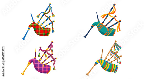 Four colorful illustrations of traditional scottish bagpipes against a white background