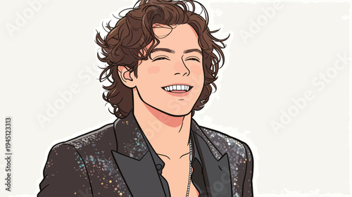 A young man smiles widely while dressed in a sparkly jacket in a digital art style. He appears happy and relaxed.