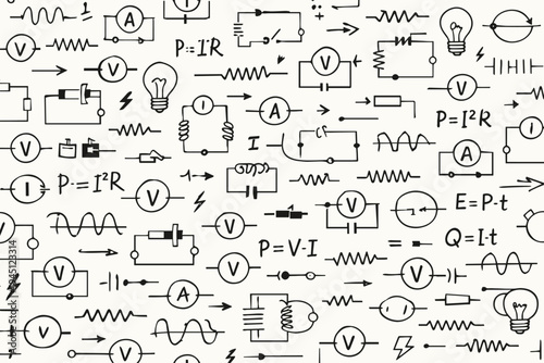 Seamless Pattern of Hand-Drawn Electrical Circuit Diagrams, Physics Formulas, and Electronic Components Including Resistors, Light Bulbs, Batteries, Voltmeters, and Ammeters for Science Education.