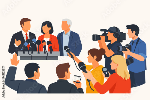 Professional press conference with reporters and journalists questioning sources at a podium. Flat vector illustration of media coverage, news reporting, interview, and public relations event.