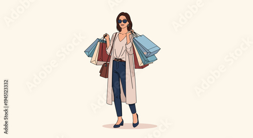 Fashionable woman wearing sunglasses and a long coat carrying numerous shopping bags after a successful day of retail therapy.