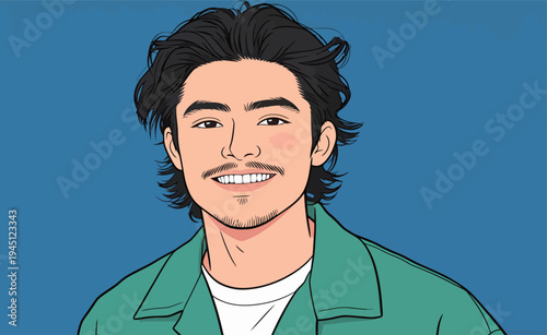 A young man stands smiling with hair down in a casual green jacket. The background is solid blue and adds to his relaxed look.