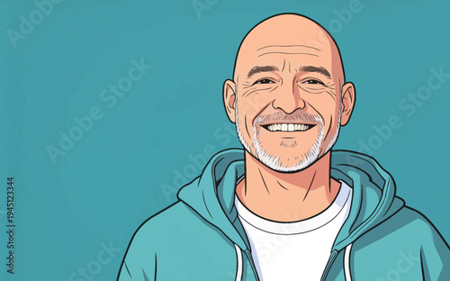 A man with a beard smiles while wearing a blue hoodie. The background is plain and light. He seems happy in this moment.