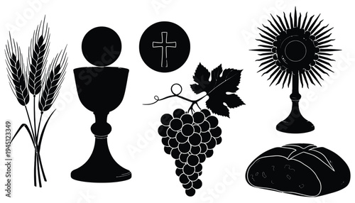 Christian symbol vector illustration set including cross and bread