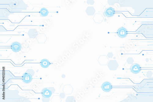 Abstract digital technology background featuring blue circuit board lines, network connectivity icons, and hexagonal patterns on white. Perfect for cyber security, data science, and innovation.