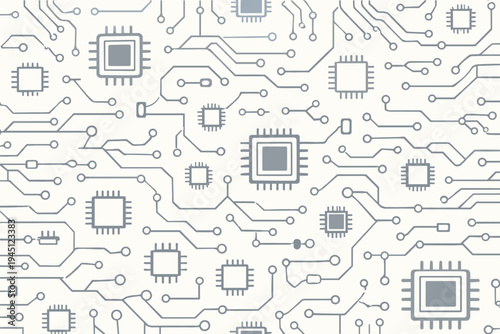 Seamless pattern of motherboard and processor chip circuit lines. Simple flat vector illustration of electronic hardware components, digital technology background for web and print design.