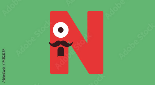 Fun Red Letter N Character with Eye and Mustache