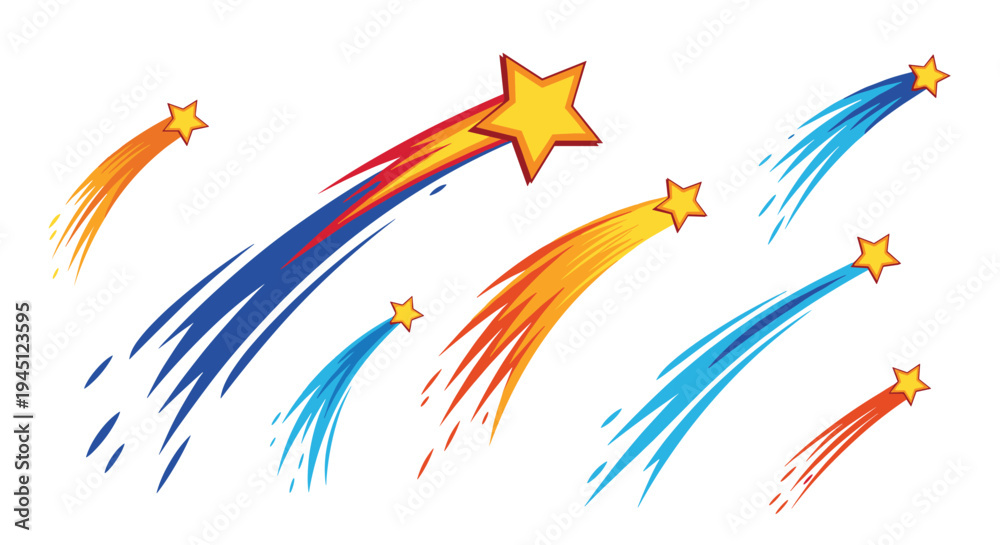 Obraz premium Collection of colorful shooting stars with long tails flying across the frame in various directions and vibrant hues.